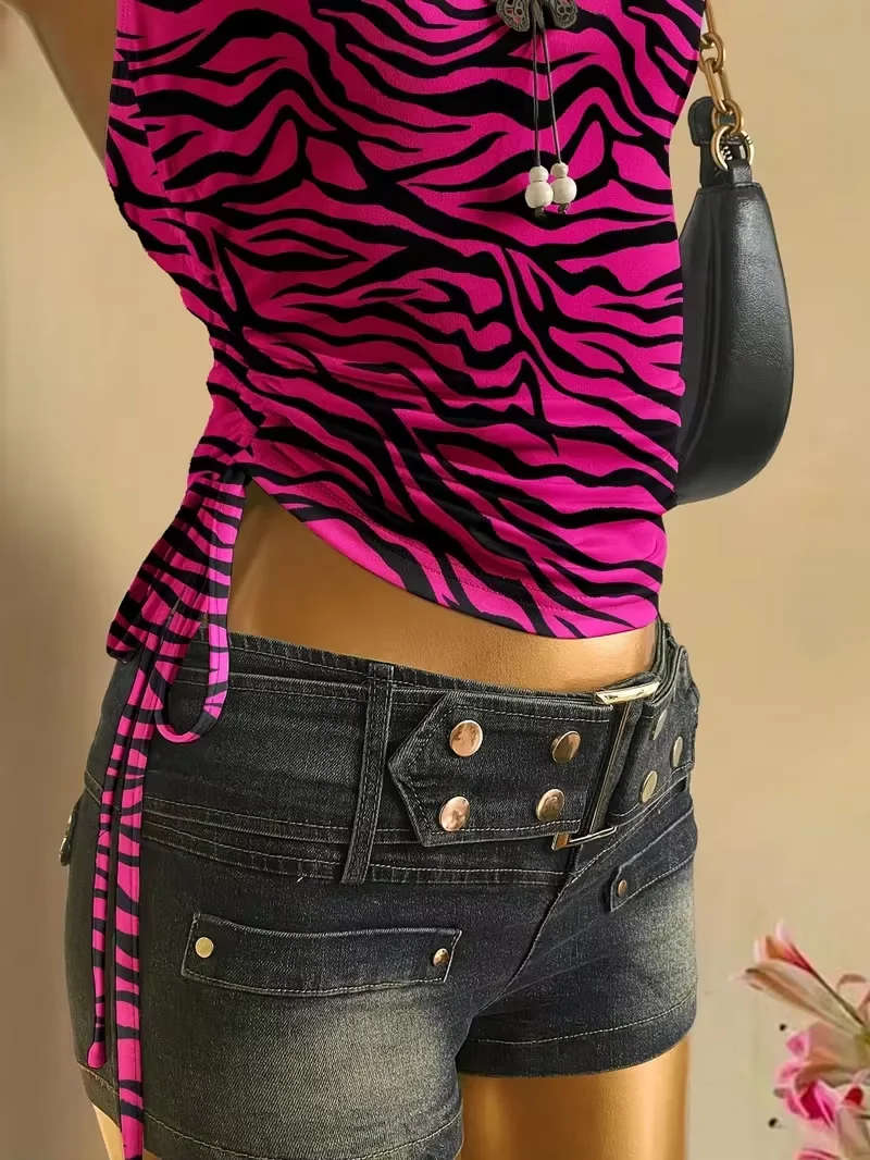 Cropped-Top für Damen, Sommerurlaub, plissierte Weste mit Leopardenmuster und Schnürung, ärmelloses Top mit Zebramuster, rosa Top mit Zebramuster – Detail 5