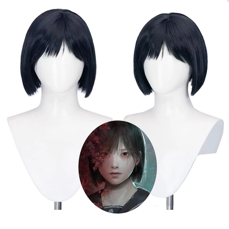 Disponible Juego SILENT HILL F Hinako Shimizu Cosplay Peluca sintética negra de 30 cm para mujer, resistente al calor, ideal para fiestas de Halloween + gorro gratis