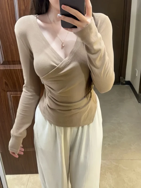 

Женский корейский вязаный свитер больших размеров с V-образным вырезом, длинными рукавами, асимметричный, стройнящий топ