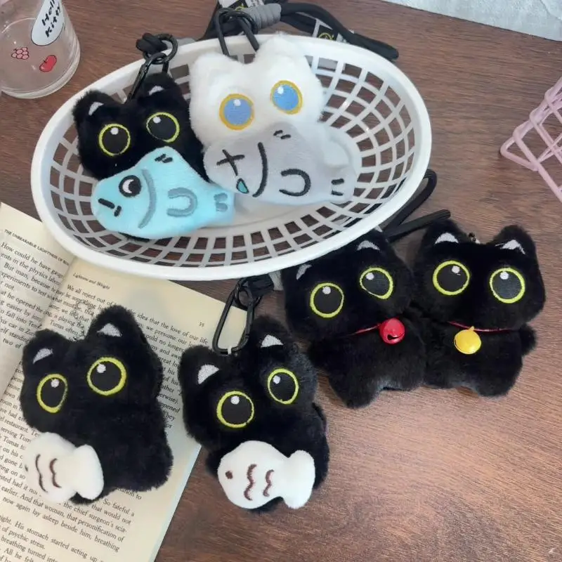 Cute Cartoon Plush Black Cat Keychain Bag Pendant Decoration Kawaii Stuffed Doll Toy Car Keyring Accessories Couples Gift