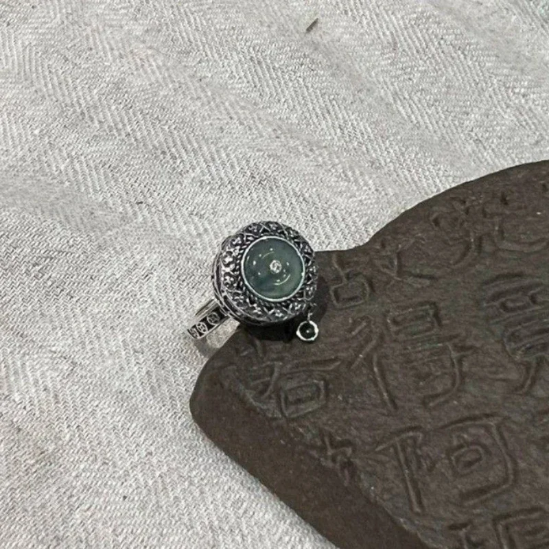 Lotus Natural Hotan Jade Round Rotatable Rings 925 Silver Vintage Chinese style Six Word Word Ring Adjustment Jewelry Gift