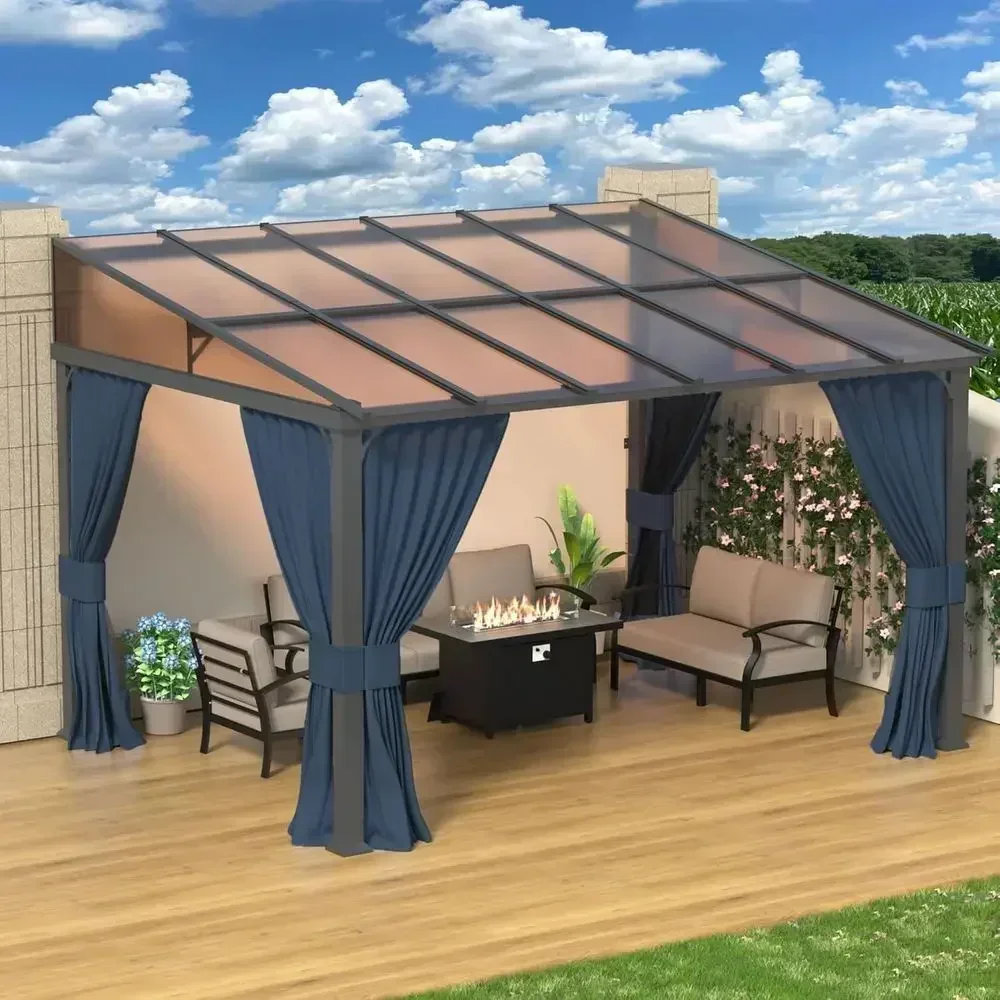 Large Outdoor Hardtop Gazebo with Curtains, Netting, and Navy Blue Shade for Patio, Lawn, and Deck