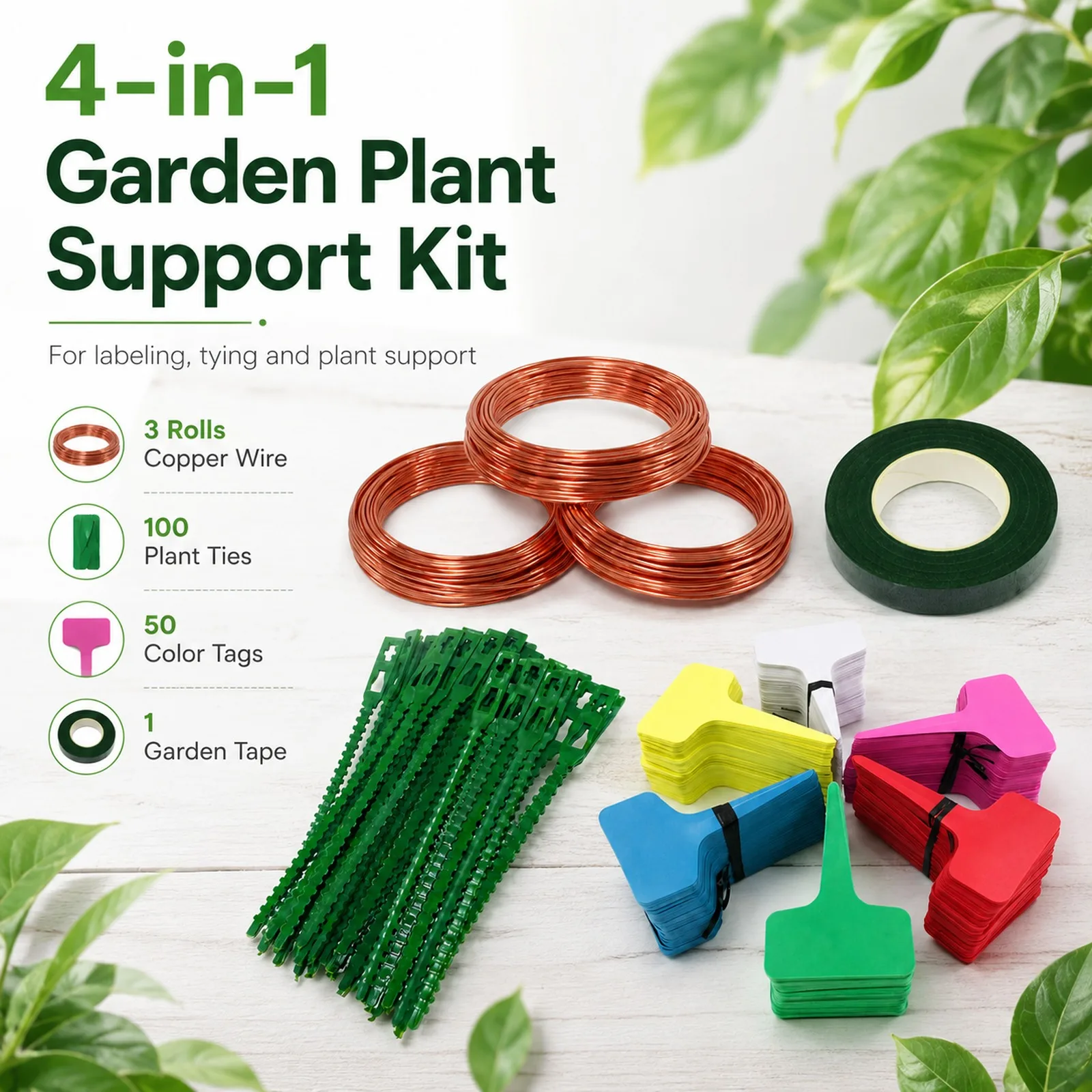 

4-in-1 Garden Plant Support Kit with 3 Rolls Copper Wire 50 Mixed Color Plant Labels 100 Pcs 13cm Plant Ties and Garden Tape