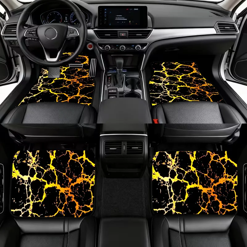 2pcs/4pcs, Yellow Lightning Crack Pattern Printed Car Floor Mats, Full Coverage Car Mats Suitable For All Seasons, XPE Non-Slip