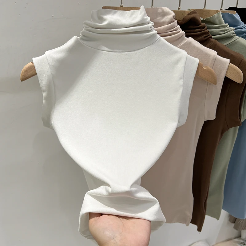 Women Summer Sexy Turtleneck Sleeveless T-Shirts Tops Solid Slim Fit Pullovers Causal Tees Shirts Female Streetwear Basics Tees