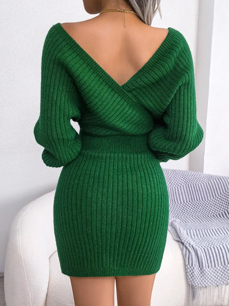 New In Autumn Winter Sweater Dress Fashion Sexy V-neck Batwing Sleeve High Waist Knitted Pack Hip Streetwear Party Warm Dresses