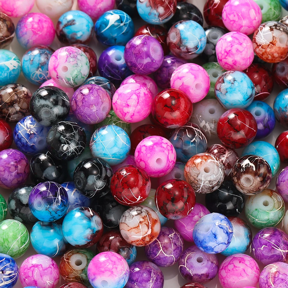 Perles rondes en verre craquelé, motif coloré, perles d'espacement adt pour bricolage, bijoux de direction, accessoires de bracelets, 4mm, 6mm, 8mm, 10mm, 20 à 100 pièces