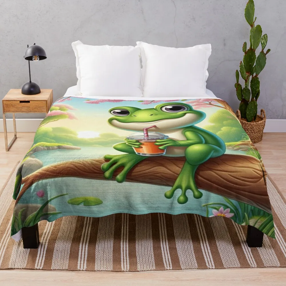 Cheerful Frog Sipping Smoothie in Blossoming Spring Garden Throw Blanket warm winter Furry Blankets