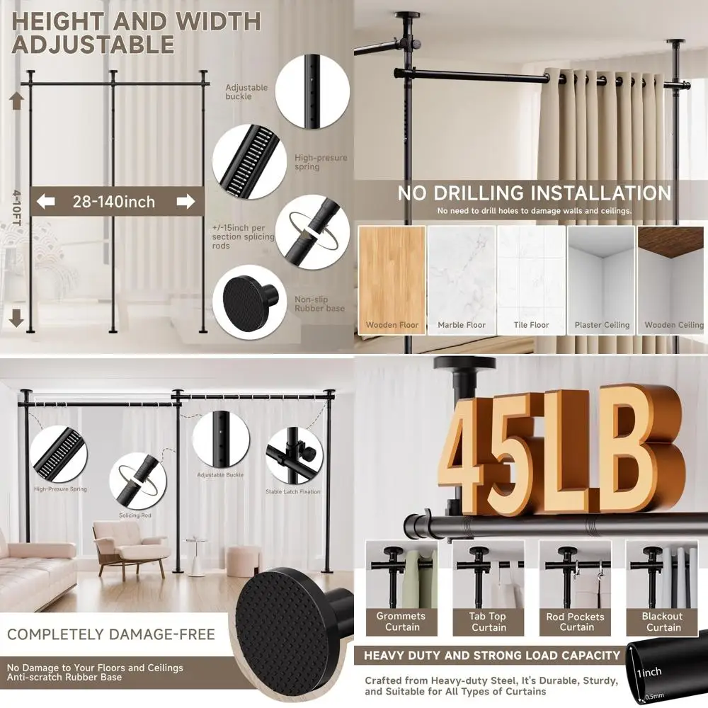 

Регулируемый перегородка из металлического стержня, высота 4–10 футов, ширина 28–140 дюймов, сверхмощная отдельно стоящая натяжная подставка для штор, черный