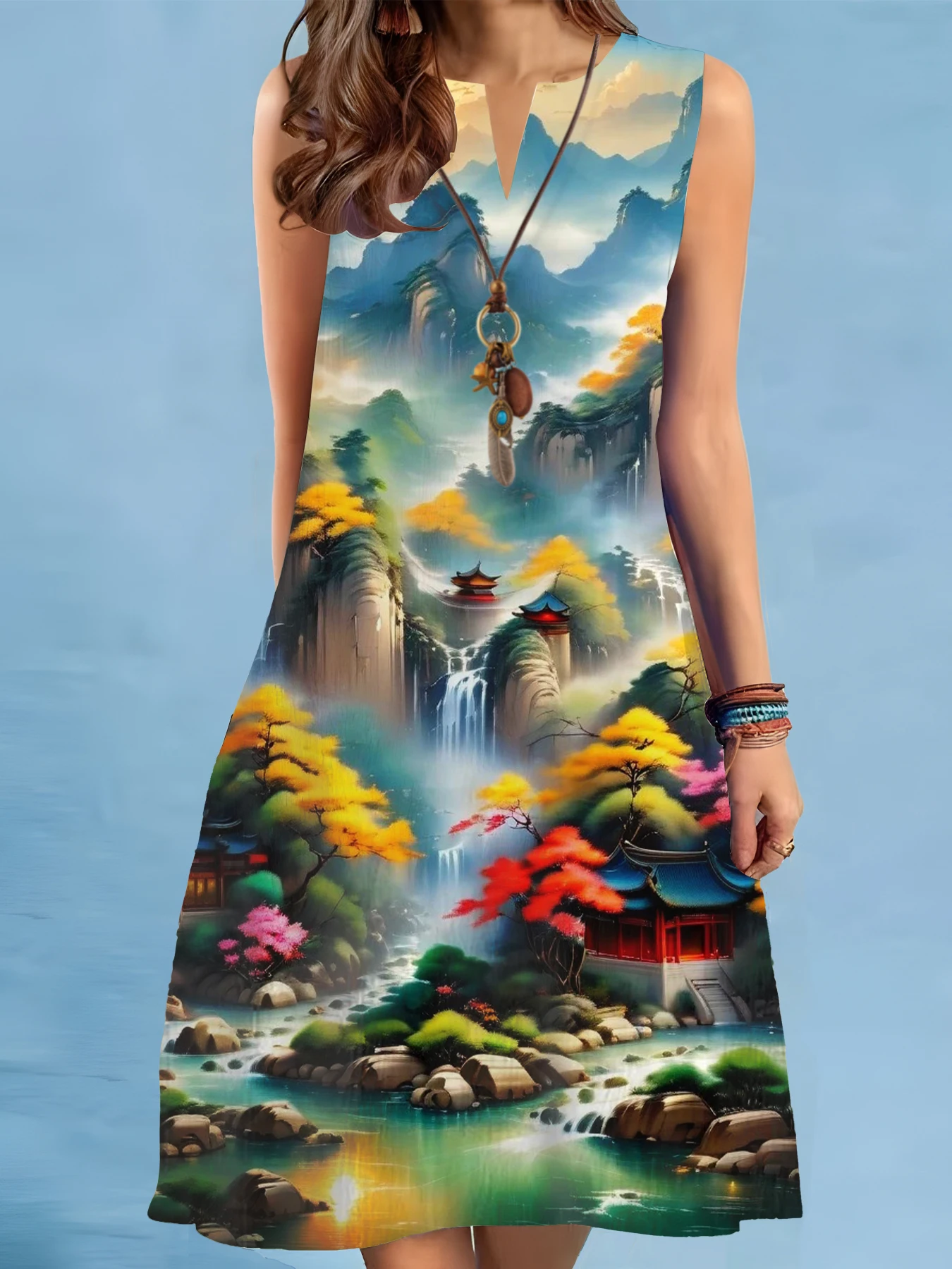 New Summer Print A-Line Dress Women Casual Sexy Sleeveless V-neck Loose Mini Dress Elegant Landscape Oil Painting Dress Vestidos