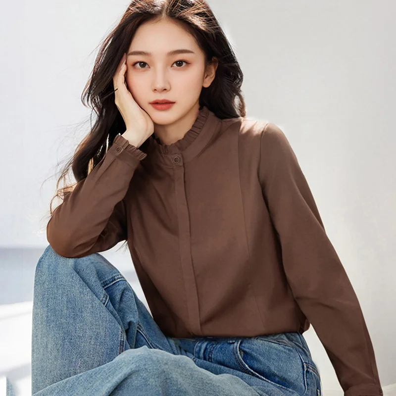 New Spring Autumn Casual Women'S Long Sleeve Commuting Easy Shirt Fashionable Versatile Unique  Edge Stand Up Collar Chiffon Top