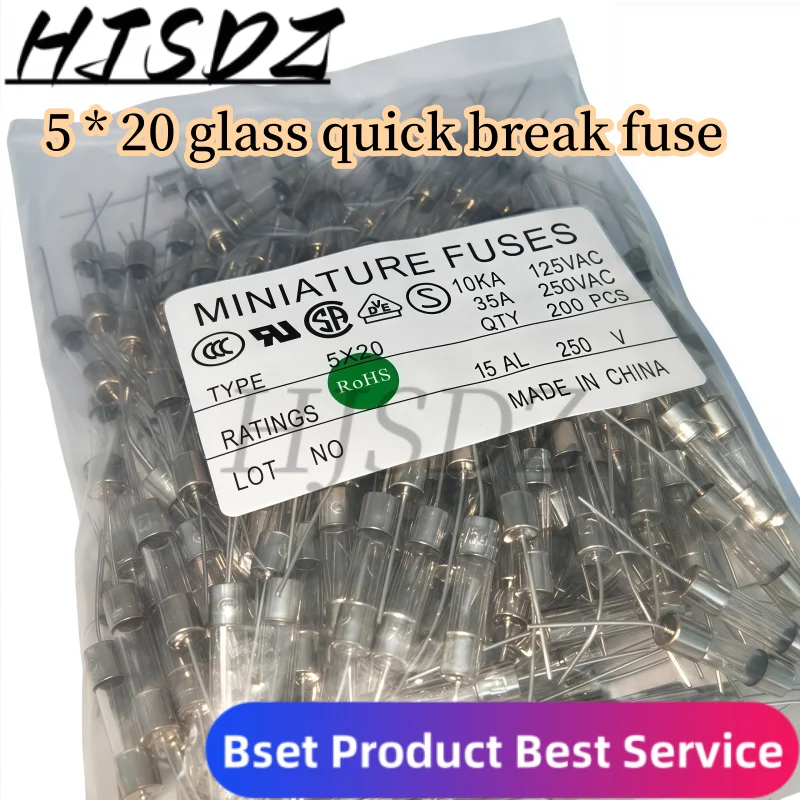 200PCS fast melting glass tube fuse set 5x20mm 250V Multi current specification (F3.15A, 4A, 5A, 6.3A, 8A 10A 12A 12.5A 15A 20A)