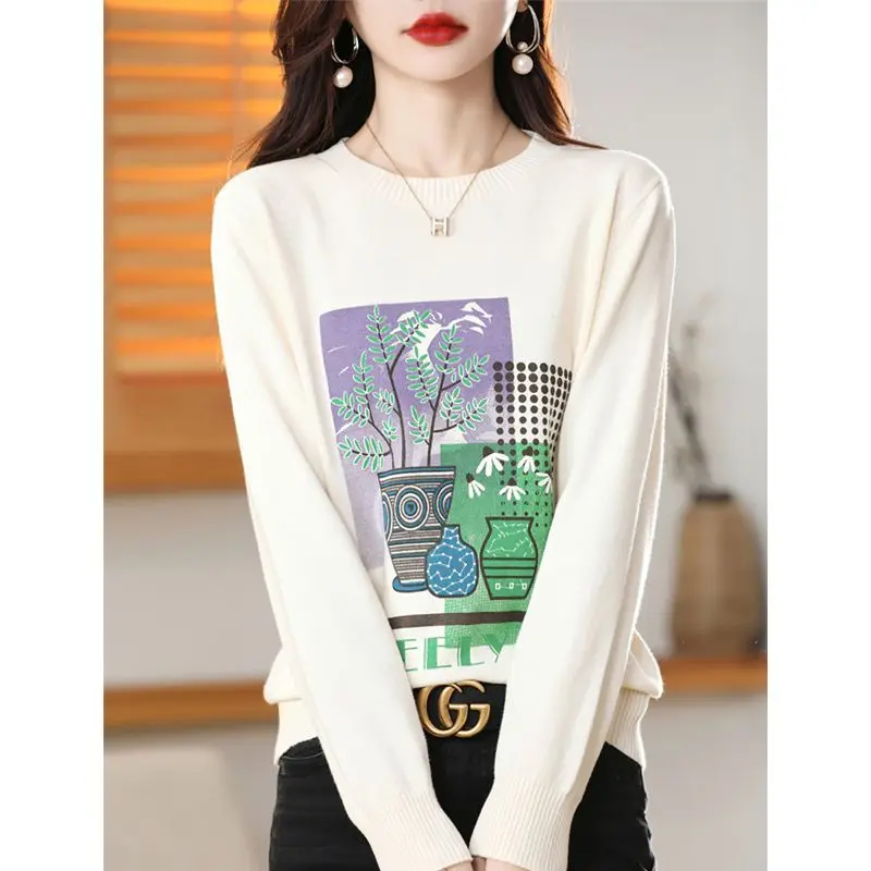 Temperament Autumn/Winter New Sweaters Pullovers Women\'s Clothing O-Neck Printing Fashion Casual Loose Long Sleeve Knitted Tops