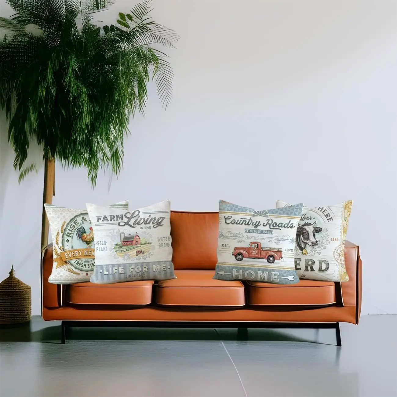 Vintage Farmhouse Animal Pillow Covers 18x18 Set of 4 Retro Farmer's Market Truck Rooster Sheep Feed Seed Premium Poultr