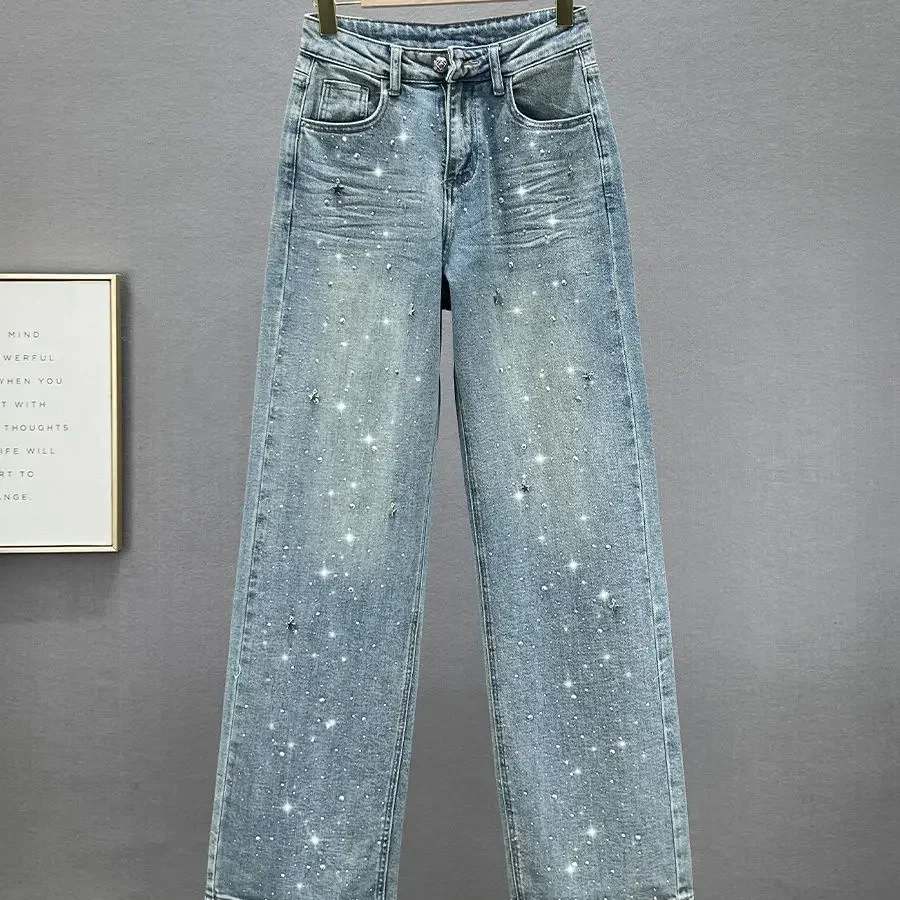 

Pop Rhinestone Pendant Design High Waist Wash Jeans Women's Summer Loose Slimming And All-Matching Straight-Leg Pants
