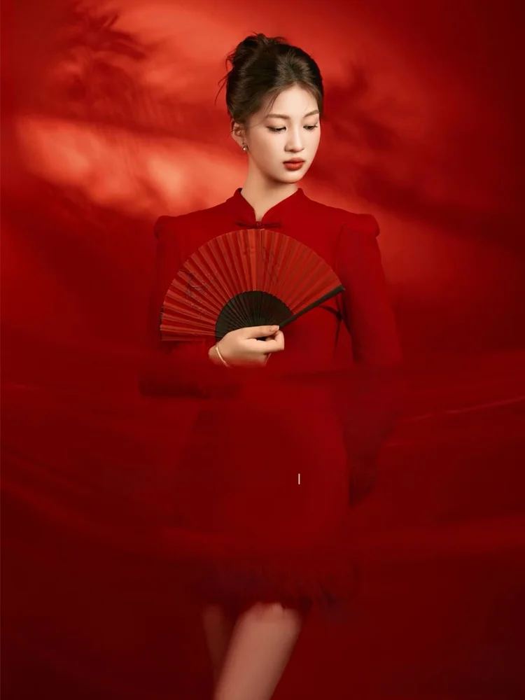 

New Year Vintage Red Photography Costume for Individual Portraits Studio Art Photo Shoot Traditional Chinese Dress