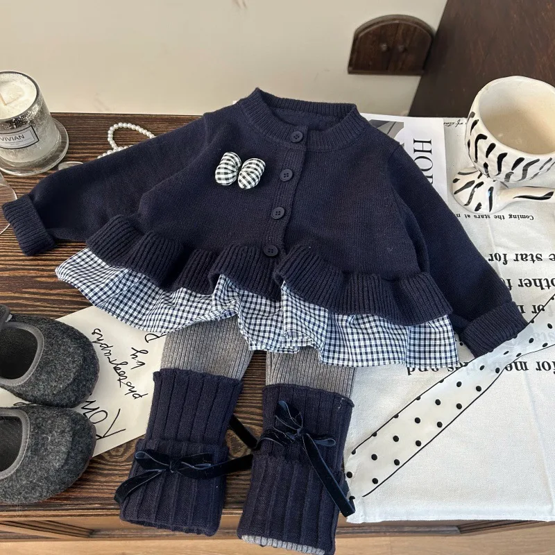 Suit 2025 Autumn New Childrens Clothing Korean Girl Baby College Style Sweater Cardigan Bow Pile Socks Leggings Two-piece Set