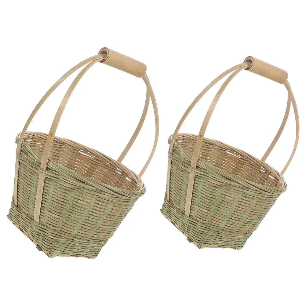 

2Pcs Bamboo Picnic Basket H Woven Sturdy H Fruit Storage Breads Holder Snacks Vegetable Container Camping Household Items
