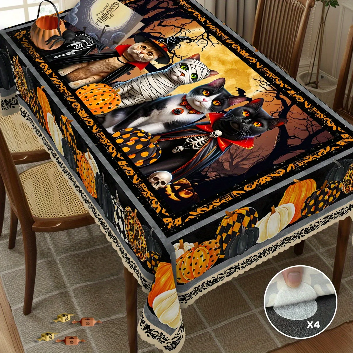 1 item, Ghost Halloween Cat and Mummy Tablecloth, Vampire and Pumpkin Round Tablecloth.PMJ