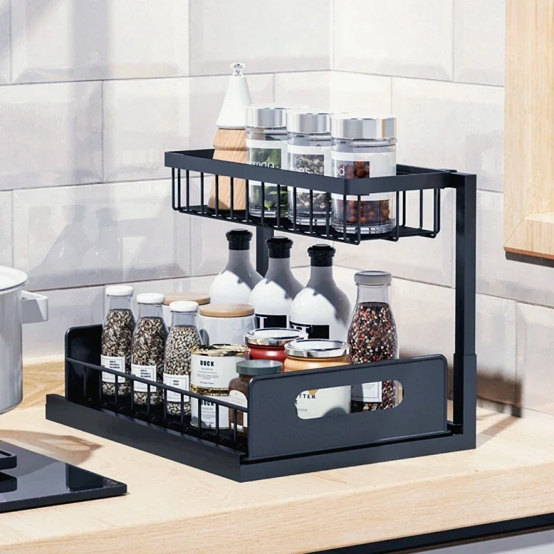 

Under Sink 2-Tier Sliding Cabinet Organizer, Pull Out Drawer Basket, Multi-Purpose Sink Storage for Bathroom or Kitchen