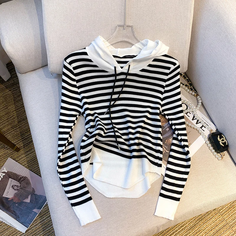 2022 Autumn Slim Sweet Stripe Hooded Pull Sweater Women Bottoming Knitted Tops Patchwork Korean Style Hoodies Knitwear Jumpers