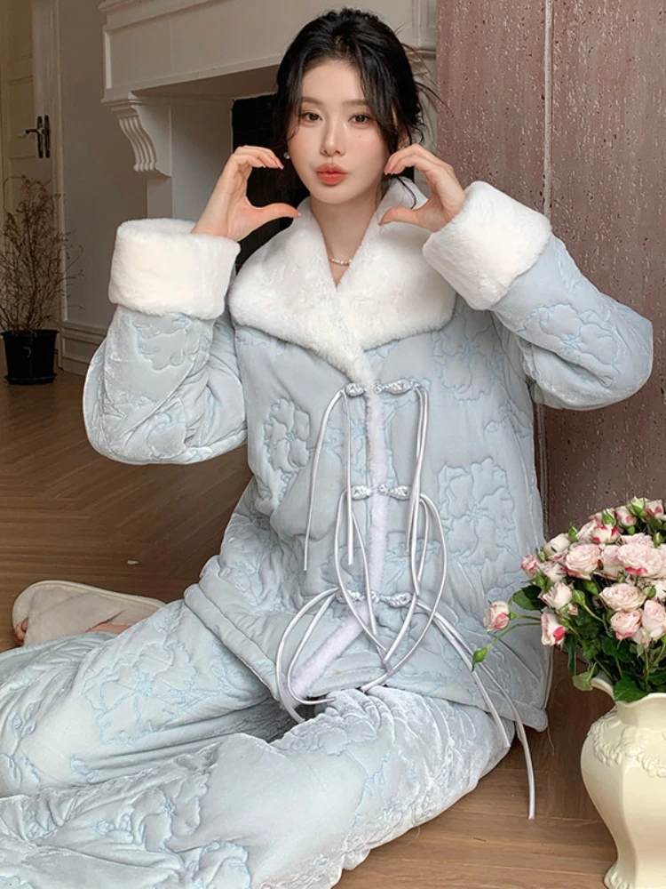 French Style New Arrival Pajamas Winter Thickened 3-Layer Quilted Long-Sleeved Trousers 2-Piece Set Fashion Outwear Home Clothes