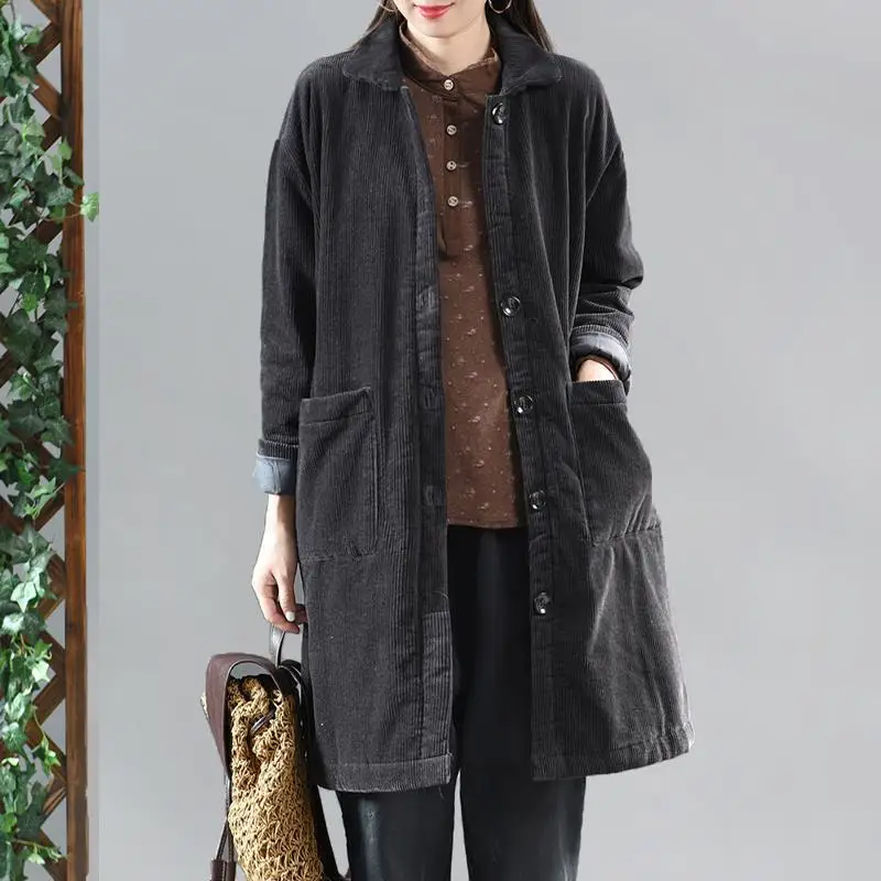 Faionable puur katoenen corduroy Jaet dames herfst winter Koreaanse Sle ritssluiting lange Sve Thiened jas