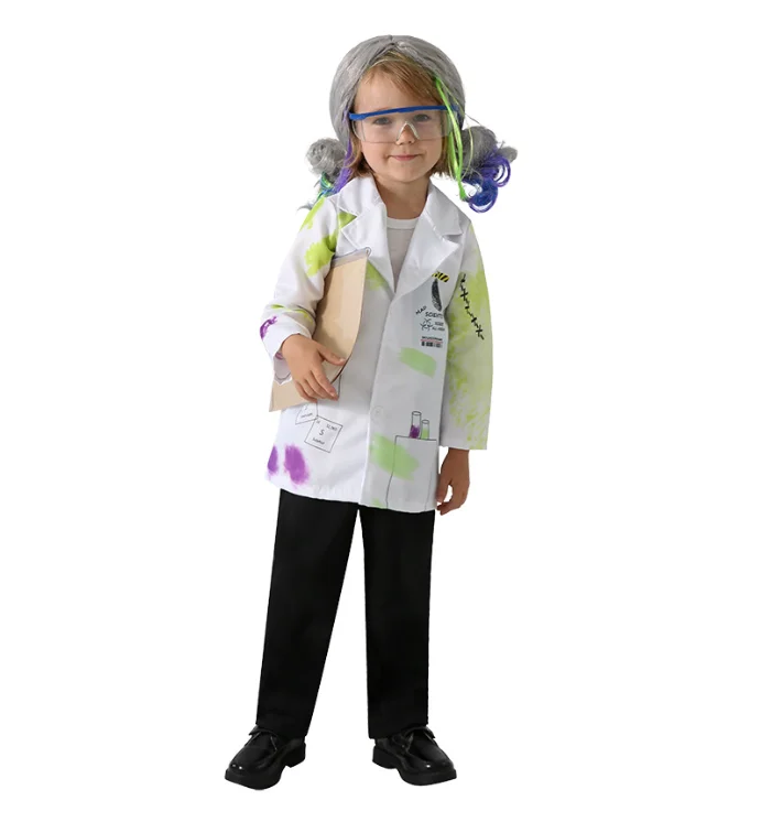 Scientist Cosplay Costumes Kids Halloween Cosplay Costume Stage Performance Dress Up Jacket Dresses Wig Outfit Suit Boys Girls