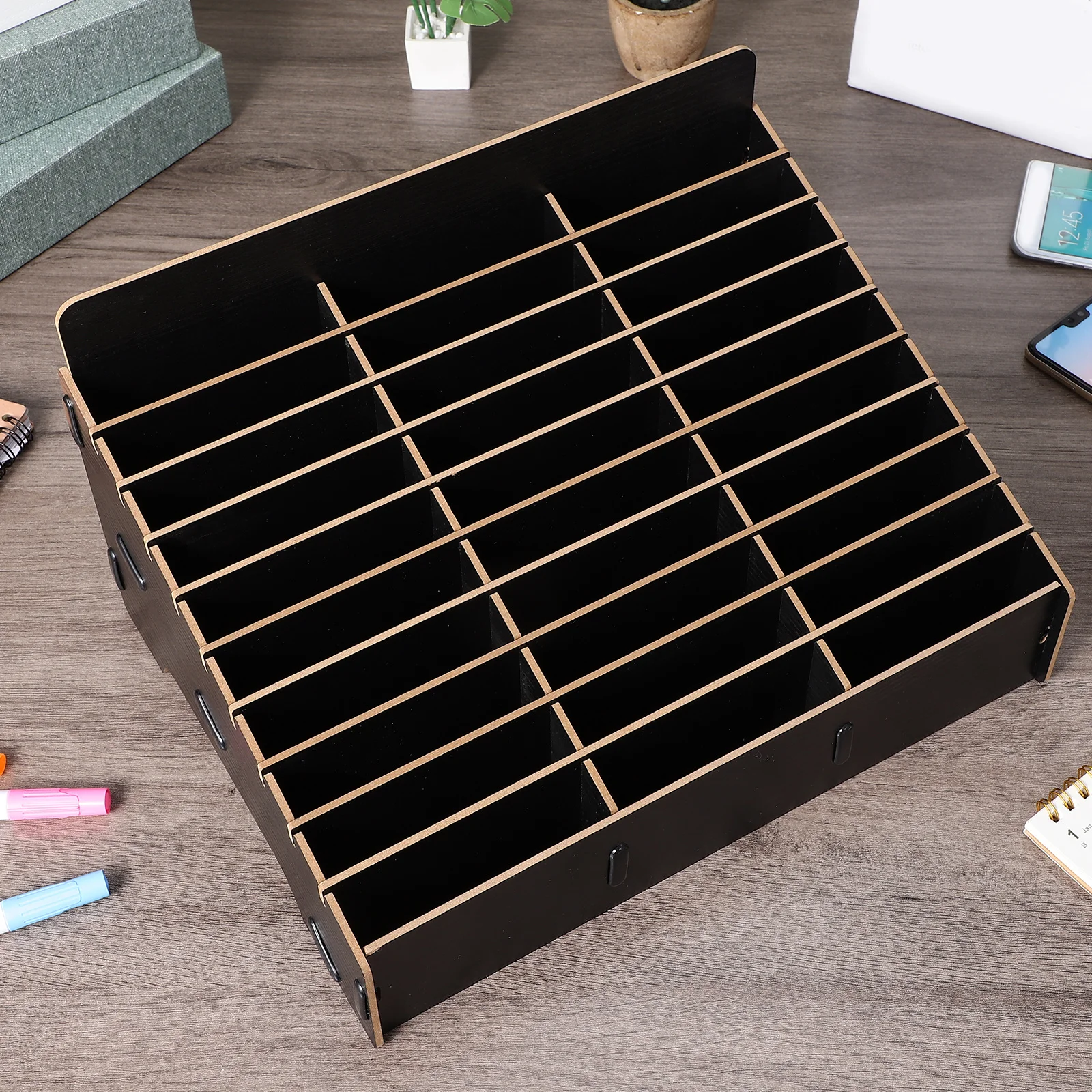 صندوق تخزين الهاتف متعدد الشبكة رف الهاتف الخليوي الخشبي الأسود لمكتب الفصول الدراسية إصلاح متجر منظم عرض حامل إمدادات المنزل