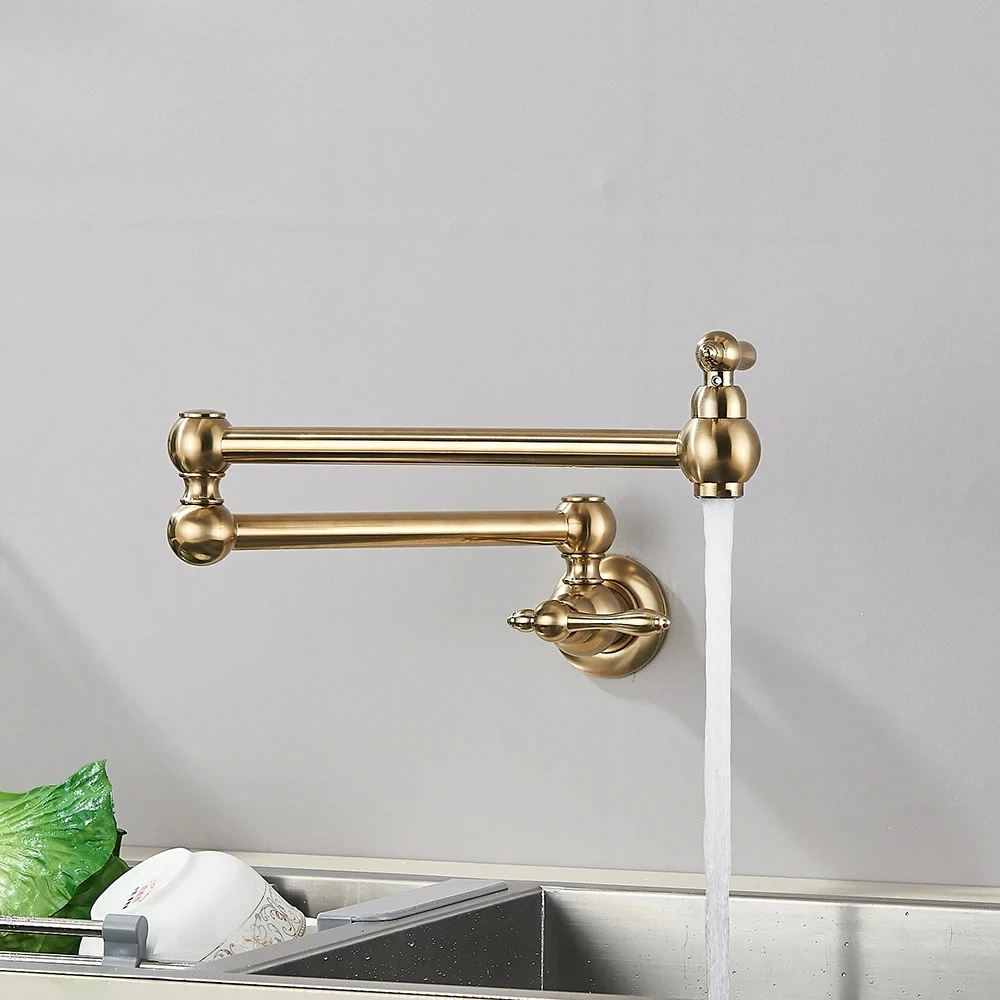Ouro escovado girado cozinha torneira de água fria bacia de bronze pia giratória torneiras fixado na parede