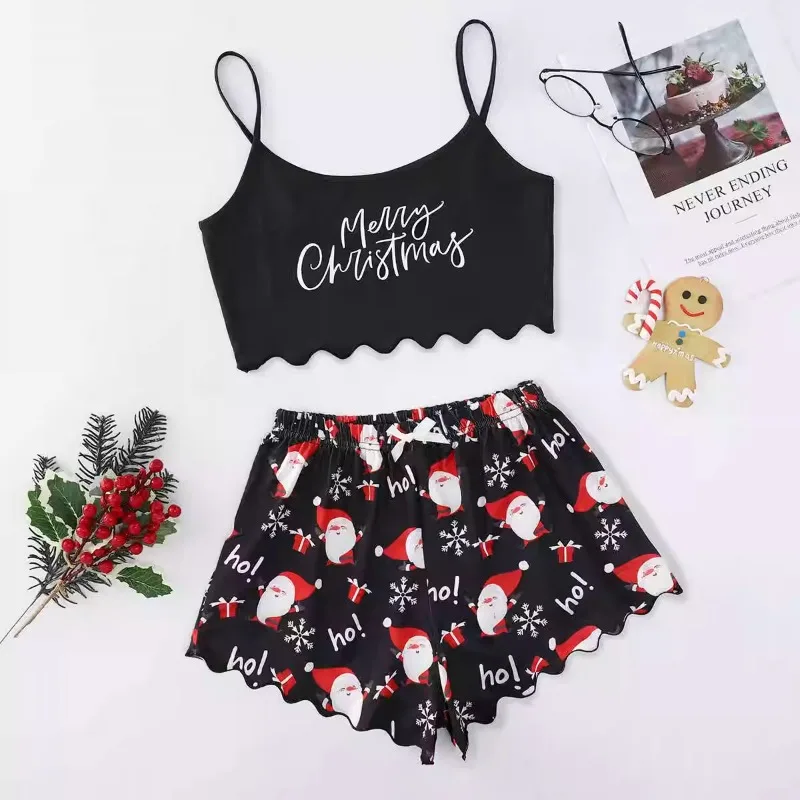 New Women\'s Christmas Pajama Set Thin Suspender Top with Santa Claus Printed Shorts Casual Homewear Suspender Shorts