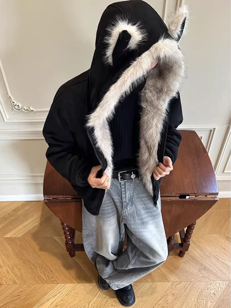 

Утепленная хлопковая куртка с капюшоном и ушками для мужчин и женщин, зимнее теплое пальто для пар, молодежный стиль