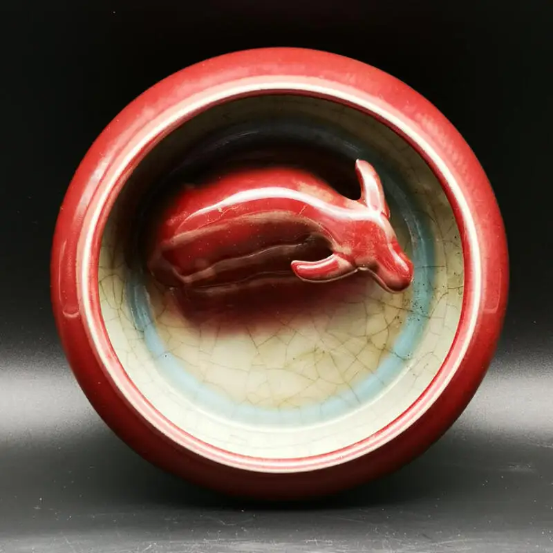 Chinese Jun kiln red glazed ice cracked cow statue pen wash antique collection stationery supplies Desktop ornaments