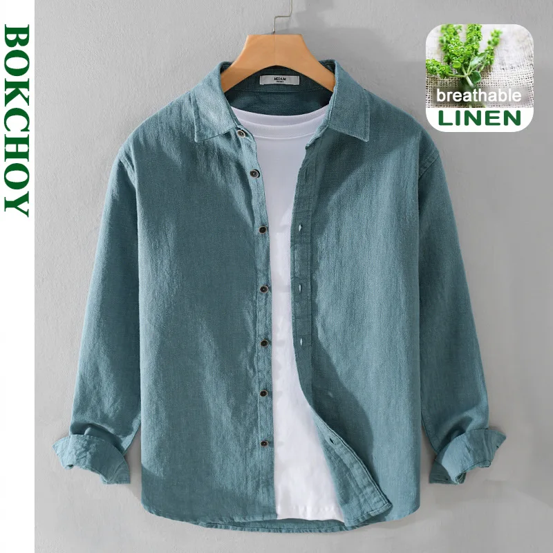 Spring Autumn New Cotton and Ramie Breathable Long Sleeve Shirts for Men Solid Color Simple Soft Streetwear FY9798