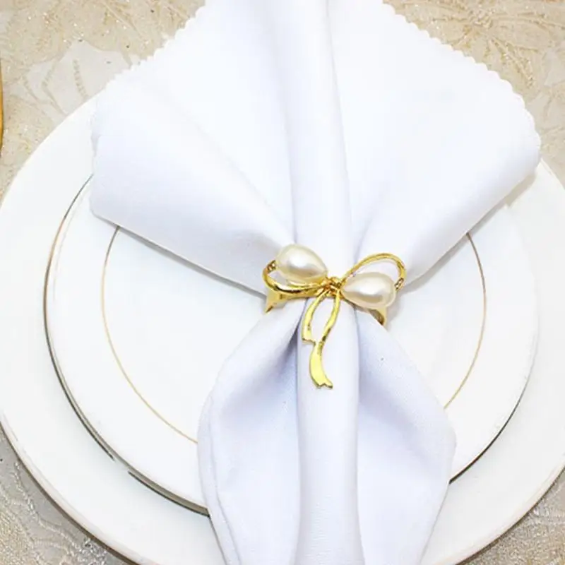 

G6KF Pretty Pearls Bowknot Shaped Napkin Rings Napkin Holder Buckles for Wedding Birthday Gatherings Table Decoration