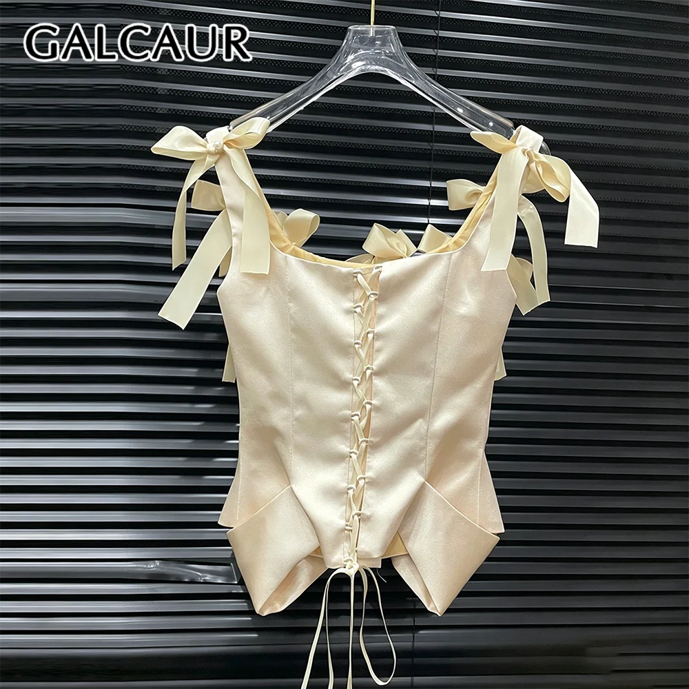 GALCAUR Solid Slimming Spliced Bow Fashion Vest for Women Square Neck Sleeveless Patchwork Lace Up Elegant Top Female Fashion