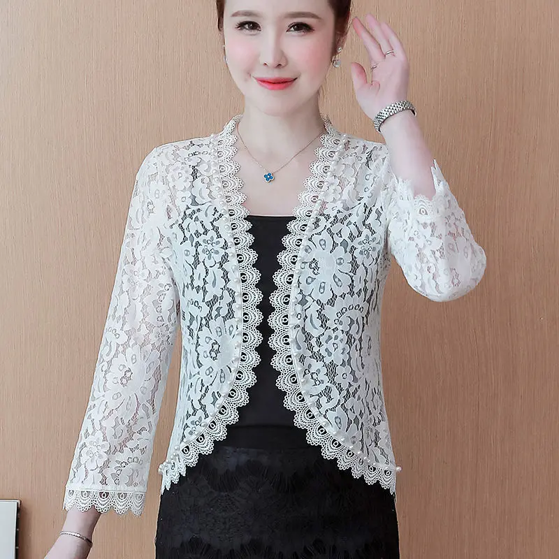 Woman Style Cotton Shawl Female Air-conditioning Shirt Jacket Ladies Hollow Short Lace Sun Protection Slim Clothing Cardigan G59