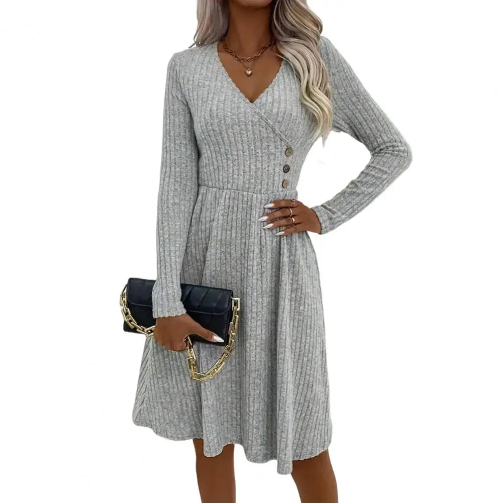 

Women High Waist Dress Elegant V Neck Sweater Dress with Button Decor A-line Silhouette for Autumn Winter Commuting Wear Knee