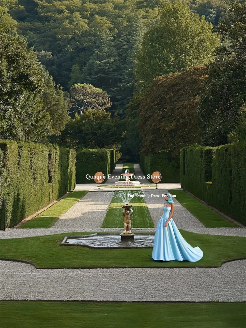 Qunque Himmelblaue, trägerlose, drapierte Ballkleider, A-Linie, ärmellos, Vestidos De Noiva, Satin, formelle lange Abendkleider, individuell gestaltet