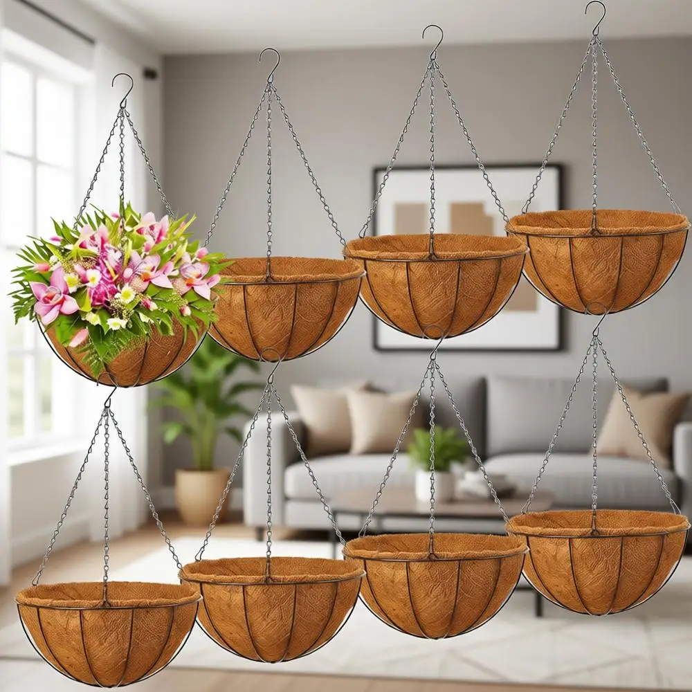 

Набор из 8 металлических подвесных корзин диаметром 8 дюймов с цепями и кокосовым вкладышем для декора сада и патио