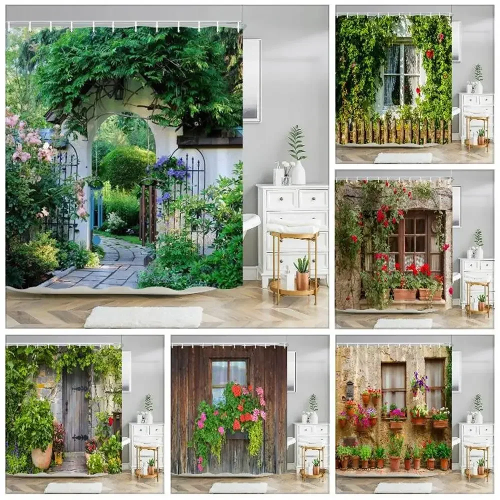 Outdoor Garden Scenery Shower Curtain Country Town Street Waterproof Polyester Home Bath Curtains With Hooks Bathroom Decoration