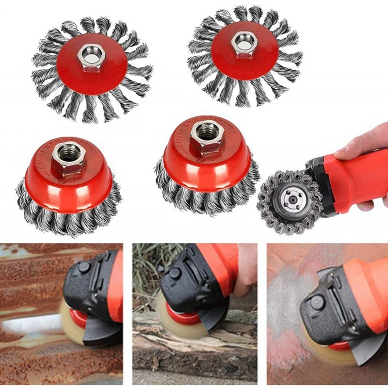 4-Piece Set Of 75Mm/100Mm Wire Wheel Cup Brush Set Suitable For Internal Teeth Of Angle Grinder M14 Set