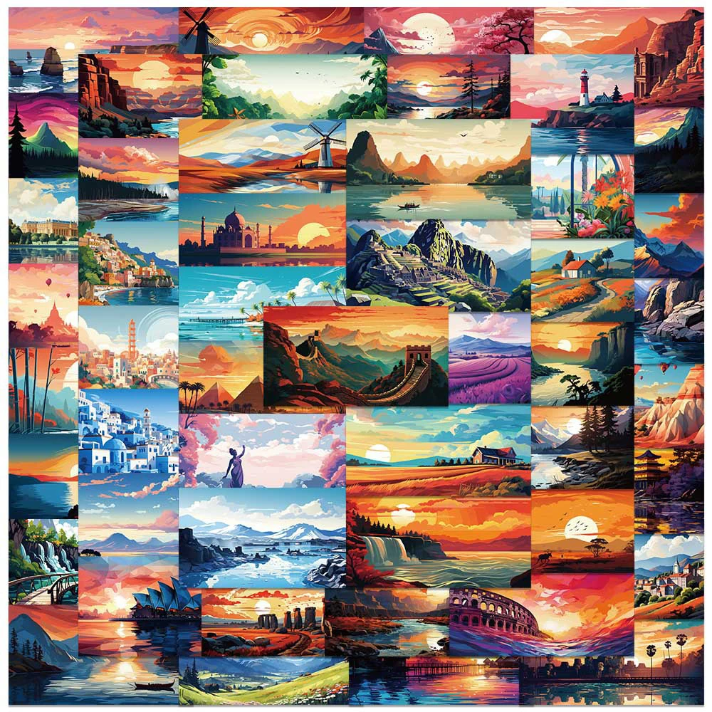 

10/30/50pcs Colorful Sunset Scenery Cartoon Stickers Aesthetic View Landmark Decals Laptop Phone Guitar Guka Waterproof Sticker