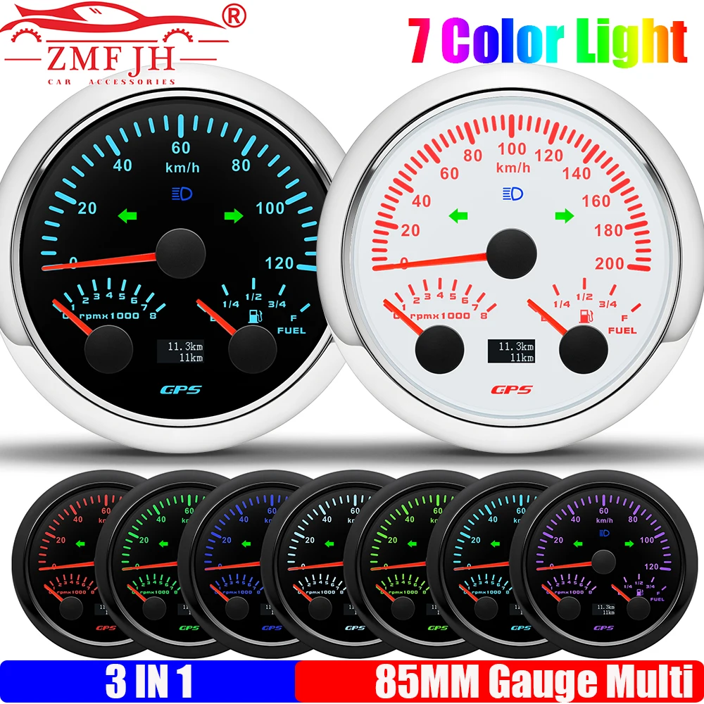 

ZMFJH Multifunctional 85MM GPS Speedometer+Tachometer+Fuel Level Meter with High Beam Turn Light 7 Color 0-120KMH,200KMH,8000RPM