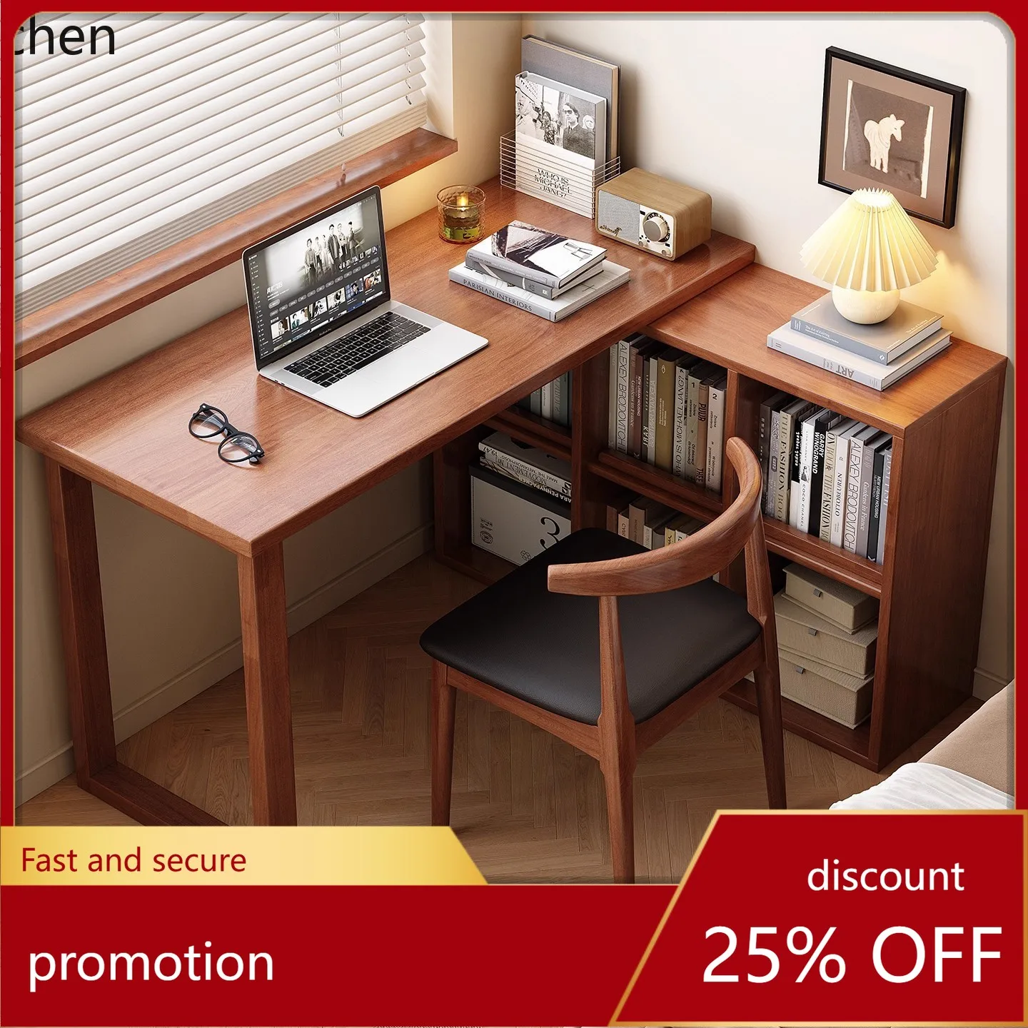 

Hxl solid wood corner desk with built-in bookshelf - corner wall-mounted workstation