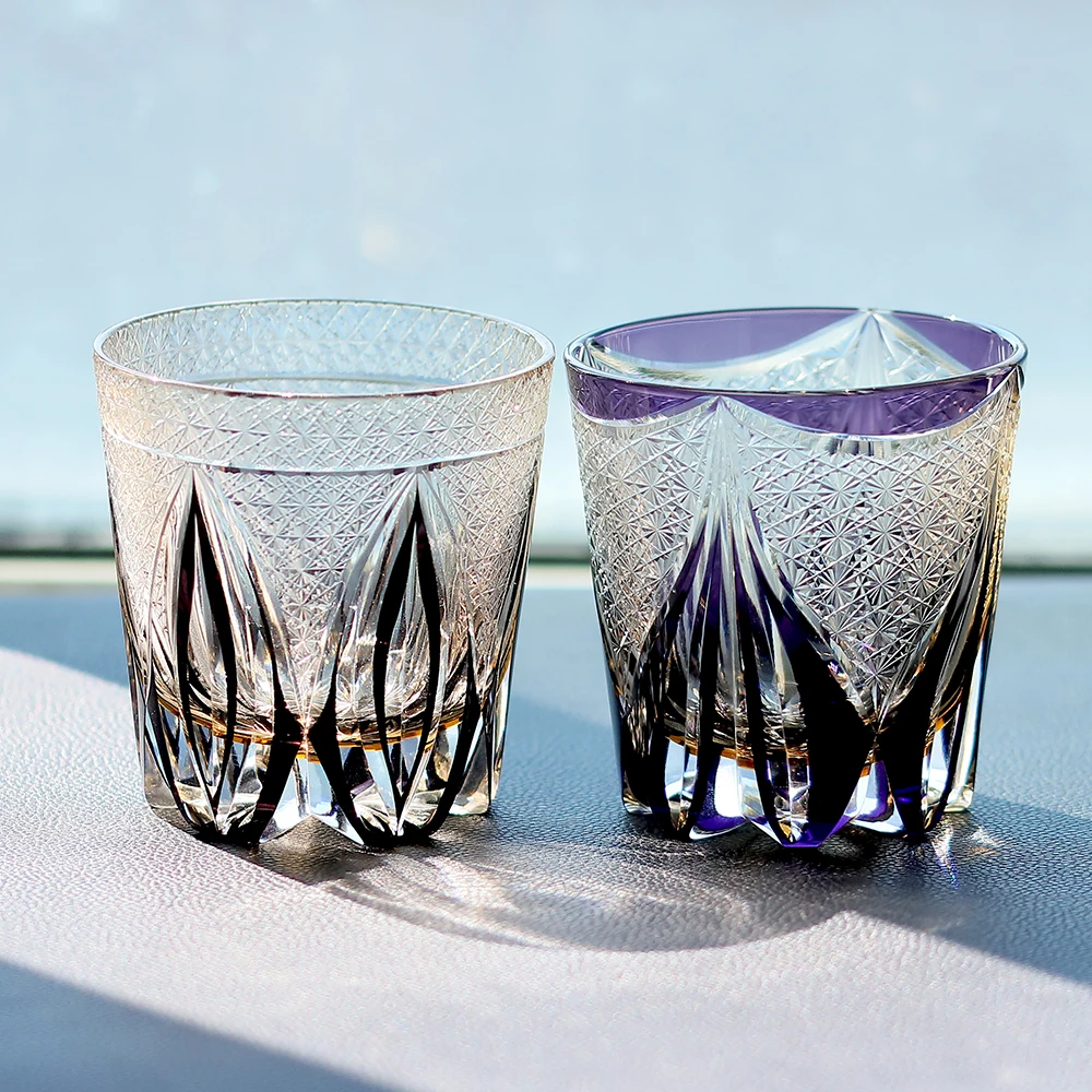 

320ml Edo Kiriko Whisky Tumbler Colored Purple Grey Hand Cut Japanese Glassware for Spirits
