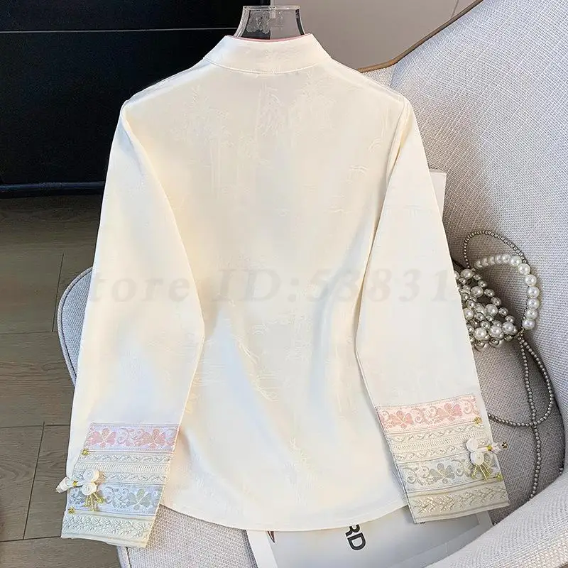 Embroidered Long Sleeved Blouse New Chinese Style Improved Stand Up Collar Tang Clothes Top Female Retro Jacquard Hanfu Shirts