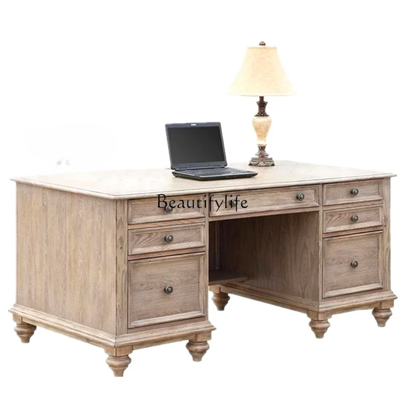 

LAll solid wood weathered gray old oak desk American study desk