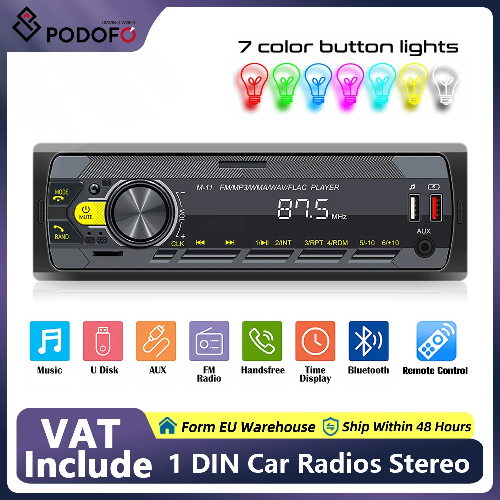 Podofo Car Radio 1din Bluetooth Autoradio MP3 Player USB Stereo Receiver Audio USB/SD/AUX-IN 12V Autoradio With Voice Assistant