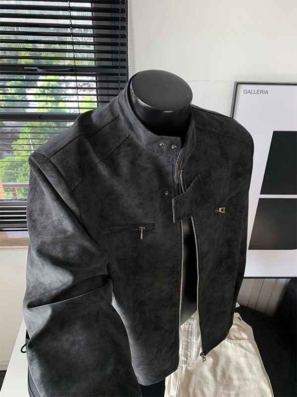 

American Dyed PU Leather Stand Collar Jaet Men's Spring Autumn Heavy Casual Harington Outerwear Trendy Loose Top